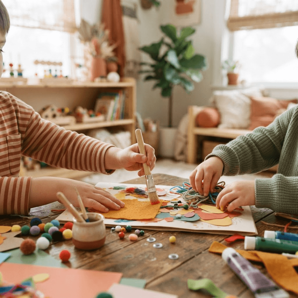 Children creating art in a Montessori-inspired space